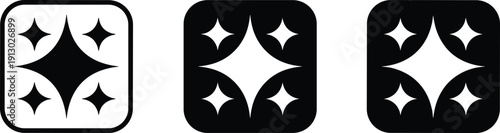 Black and white rounded square sparkle icons featuring geometric star bursts representing premium quality artificial intelligence and new software features