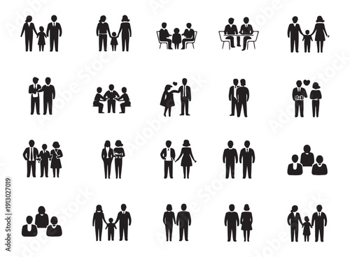People silhouette icons collection showing diverse family groups and business professionals together