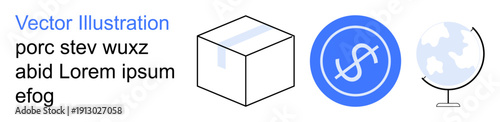 Global trade, e-commerce, logistics, international shipping, finance, online transactions. A box, currency symbol and a globe. Global trade and e-commerce with simple visuals
