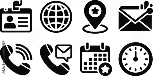 Bold black silhouette contact icons featuring ID badge globe location star envelope phone message calendar and clock for corporate communication