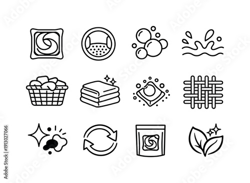    Laundry detergent pods. Line icon set of Laundry detergent pods: detergent pod, washing machine drum, soap bubbles, water splash, laundry