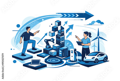  Future-ready infrastructure. Modular systems evolving into new shapes, arrows and light