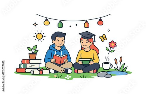   Students celebration spring calm yet festive gathering with light decorations, books, and nature details, expressing balance