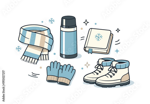 Winter leisure objects. A clean composition of leisure items such as scarf, thermos, book, gloves, and warm boots arranged neatly. The mood