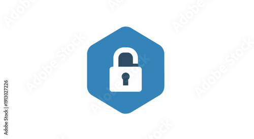 Unlocked Padlock Icon on Blue Hexagon.