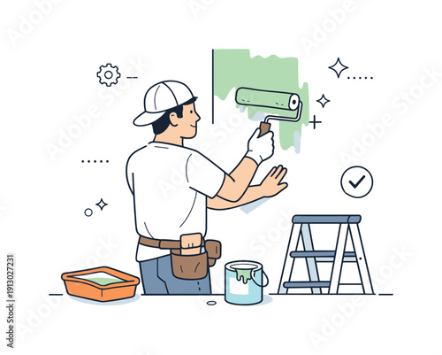 DIY home improvement. A homeowner carefully painting a wall with a roller, showing calm progress and hands-on renovation work. Minimalist