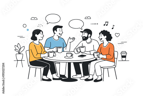 Public spaces and social interactions. People sharing a table in an open public area, drinking coffee and talking calmly. Warm mood of