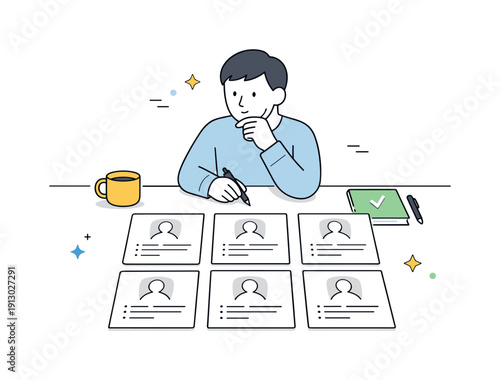 Inclusive hiring practices. Anonymous resumes displayed as simple cards without photos, a hiring manager thoughtfully reviewing them. The