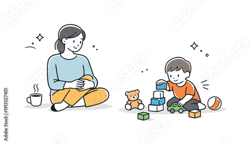 Calm Family Moments. Parents resting near children. An adult sitting nearby while a child plays quietly on the floor. Calm supervision and gentle presence