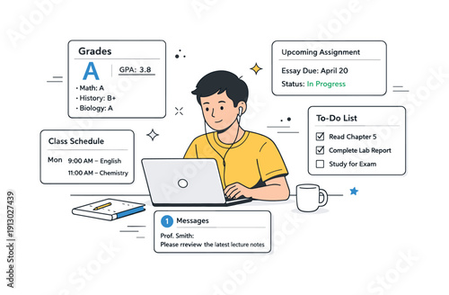 Student Portal Dashboard. Student portal dashboard. A student calmly reviewing grades and assignments on a laptop, clean interface cards floating nearby.