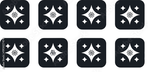 Black square sparkle icons with star bursts and floral accents representing artificial intelligence features premium quality and new software updates