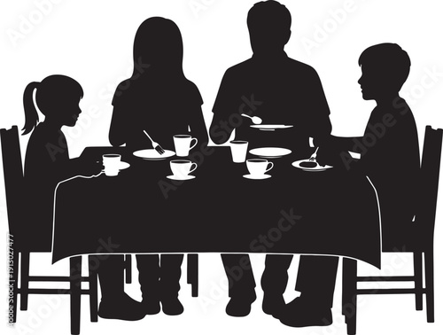 Family Silhouette Eating Dinner at Dining Table Isolated on White