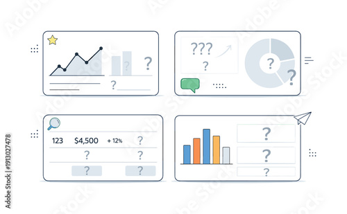    Visualizing data gaps. An editorial-style scene of dashboard panels with faded sections and question marks in place of missing values. The