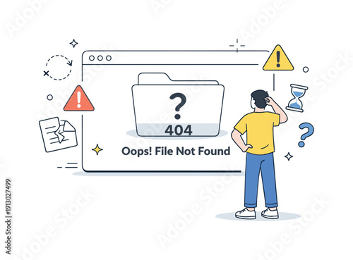    File not found moment. A person standing in front of a large empty folder window, abstract error symbols around it, expressing a stalled