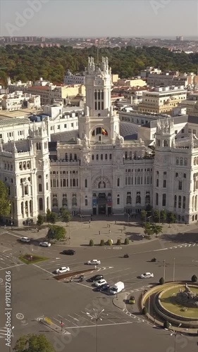 Aerial Cityscape of Madrid with Cybele Palace and Plaza de Cibeles. Vertical video