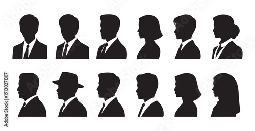 Silhouette portraits of business people, men and women in formal attire, profile view