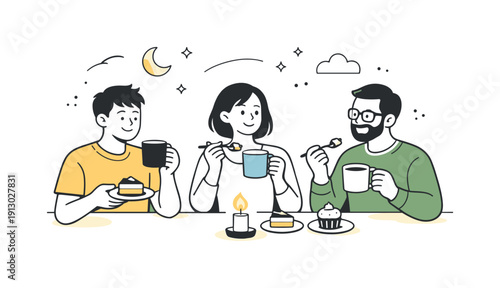 Evening coffee break. A relaxed evening scene with people holding coffee mugs and dessert forks, soft lighting suggested with abstract