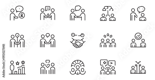 Business meeting and teamwork icons, collaboration, communication and strategy symbols
