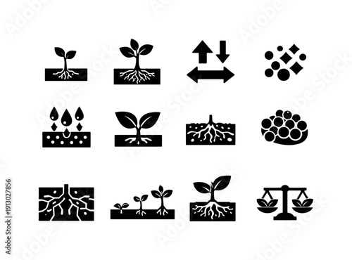 Plant Nutrition Process. Solid icon set of Plant Nutrition Process: seedling roots, mature roots, nutrient transport arrows, soil minerals,