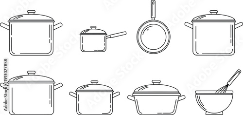 Kitchen cookware pot pan and bowl line icon collection in minimal vector illustration isolated on light background for cooking design