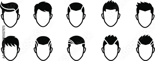 Men hairstyle silhouette icon collection featuring modern short haircuts in black vector illustration isolated on light background design