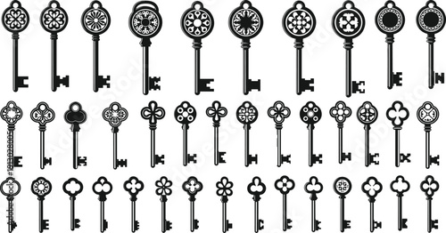 Vintage Ornamental Key Silhouettes Collection with Antique Decorative Shapes Isolated on White Background for Lock and Security Design