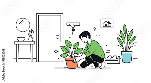 Incorporating plants in entryways for a welcoming feel. Person placing a new plant near the entrance, adjusting its position thoughtfully.