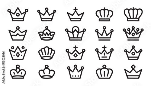 Assortment of stylish crown icons, delicate line art, signifying sovereignty and high status, white background