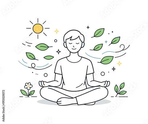 Natural healing process. Leaves, sunlight, and gentle wind surrounding a calm person, visualizing recovery, balance, and emotional support