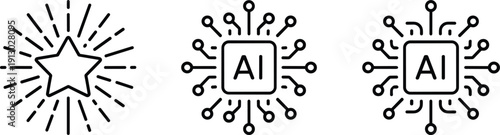 Black line art icons featuring a glowing star burst and artificial intelligence processor chips representing innovation smart technology and digital transformation