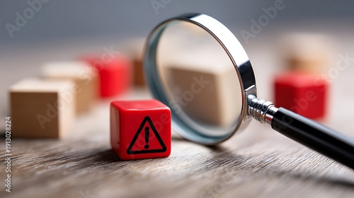 High quality image of magnifying glass focusing on a red block with a warning symbol.