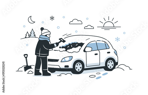 Snowy Morning Chore. Clearing snow off the car