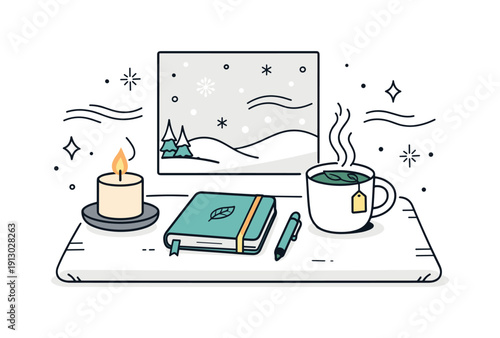 Winter Meditation Setup. Winter meditation setup. A peaceful scene with a lit candle, closed journal, and a cup of herbal tea on a soft mat near a snowy