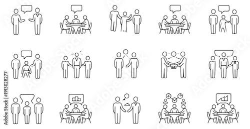 Business meeting and collaboration line icons people talking in office group discussion communication