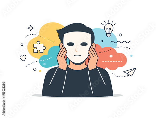 Masking neurodivergence. A calm person wearing a simple neutral mask while colorful abstract thoughts stay softly behind, suggesting hidden