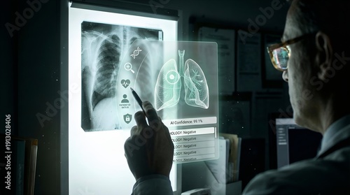 Doctor analyzing digital chest x-ray with AI hologram interface