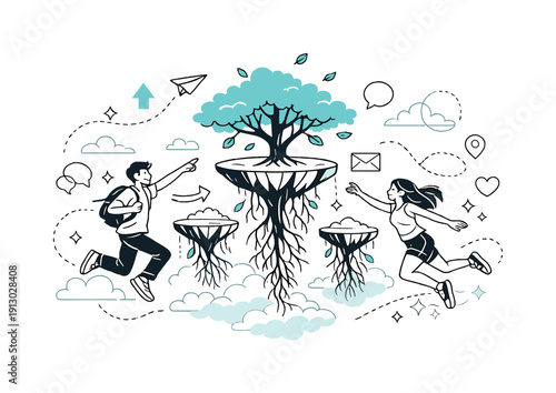   Trees growing upside down from floating islands. Floating islands hover in open sky while