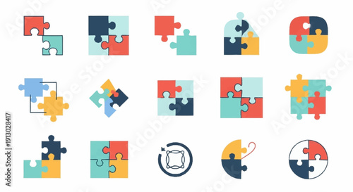 Colorful Puzzle Pieces and Icons Assorted.