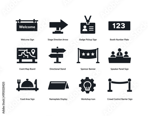 Event Signage Icons. Event Signage. Solid icon set of Event Signage: welcome sign, stage direction arrow, badge pickup sign, booth number plate, event map