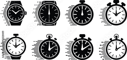 Black silhouette set of fast time icons featuring wristwatches and stopwatches with motion lines representing speed efficiency quick delivery and deadlines