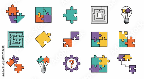 Colorful Puzzle Pieces and Icons Representing Problem Solving.