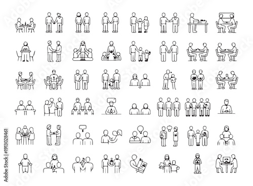 Community and family line icons showing social interaction group meeting communication and teamwork