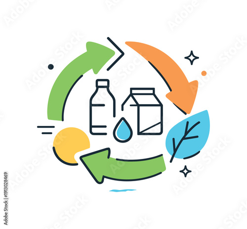   Modern recycling abstract symbol. A clean abstract icon built from simple shapes and arrows arranged asymmetrically but balanced. The