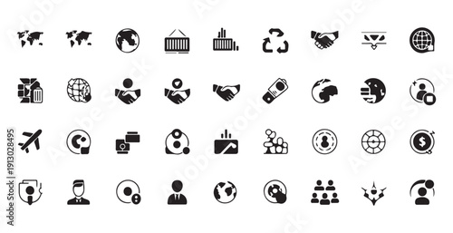 Global business icons set world maps shipping containers recycling handshake finance transport technology