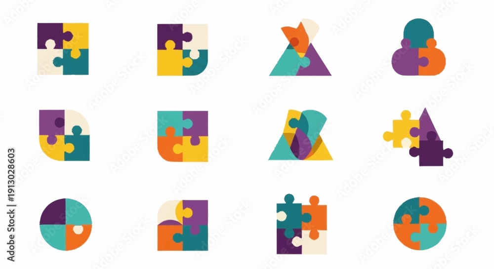 Fototapeta premium Colorful Puzzle Pieces and Shapes Arranged.