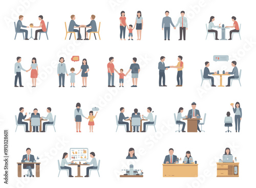 Flat illustration of people in various life situations including work dining family and networking