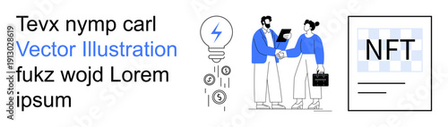 Business technology, NFT trading, blockchain solutions, data exchange, fintech, energy-saving ideas. A handshake between two people, NFTs and tech items. Business technology and NFT trading concept