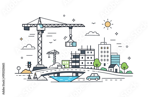 A construction crane over a developing city district, representing growth and change. A friendly scene showing infrastructure elements like