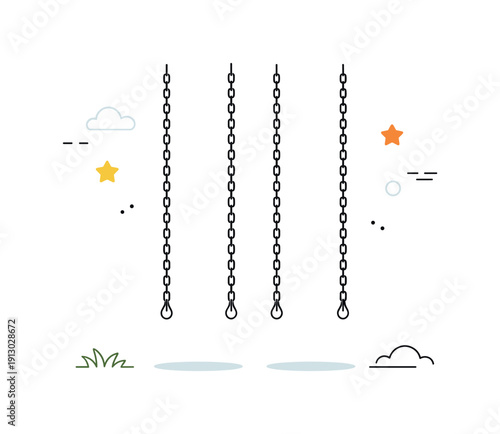 Empty swing chains. Two swing chains hanging without a seat, quiet and minimal. The scene suggests pause, stillness, and childhood memories.