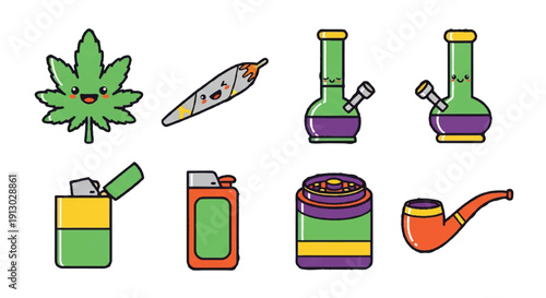 Cartoon illustrations of cannabis leaf joints bongs lighter and smoking pipes
